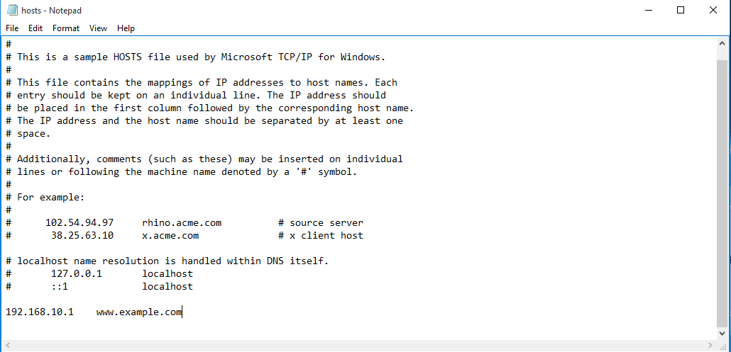 Windows hosts file shows a domain name and its corresponding IP address.