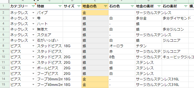アクセサリーリスト