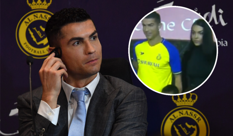 ¿Georgina está molesta con Cristiano? La modelo no sonrío durante la presentación con Al Nassr. | Foto: AFP