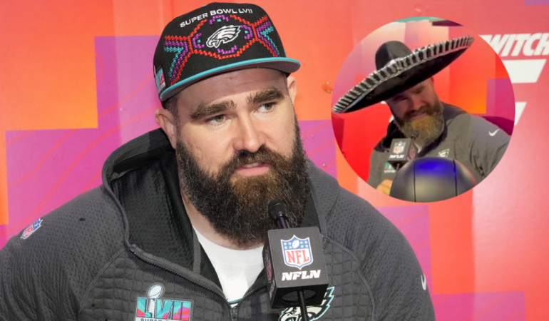 Kelce se animó a gritar Viva México en el dia uno del Super Bowl. FOTO: REUTERS