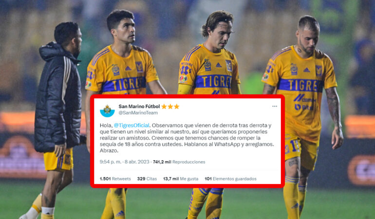 ¡Manchados! Tigres fue trolleado por San Marino para romper la racha de 18 años sin ganar. | Foto: MEXSPORT