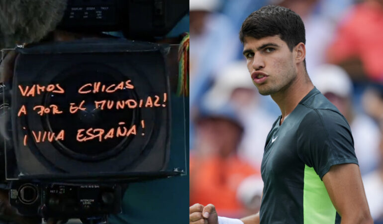 Carlos Alcaraz escribió ánimos para el equipo de España que juega la final del Mundial. FOTO: Especial / AFP