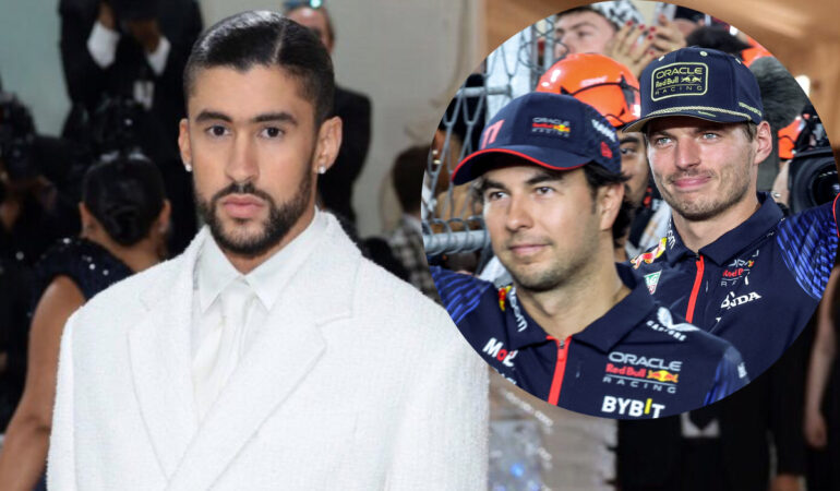 Bad Bunny manda mensaje a Verstappen y Checo Pérez. FOTO: @sanbenitoi / AFP