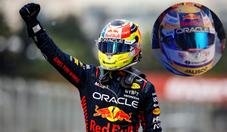 Checo Pérez presentó su nuevo casco para la temporada 2024. FOTO: Mexsport