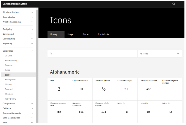 IBM의 Carbon Design System 첫 화면