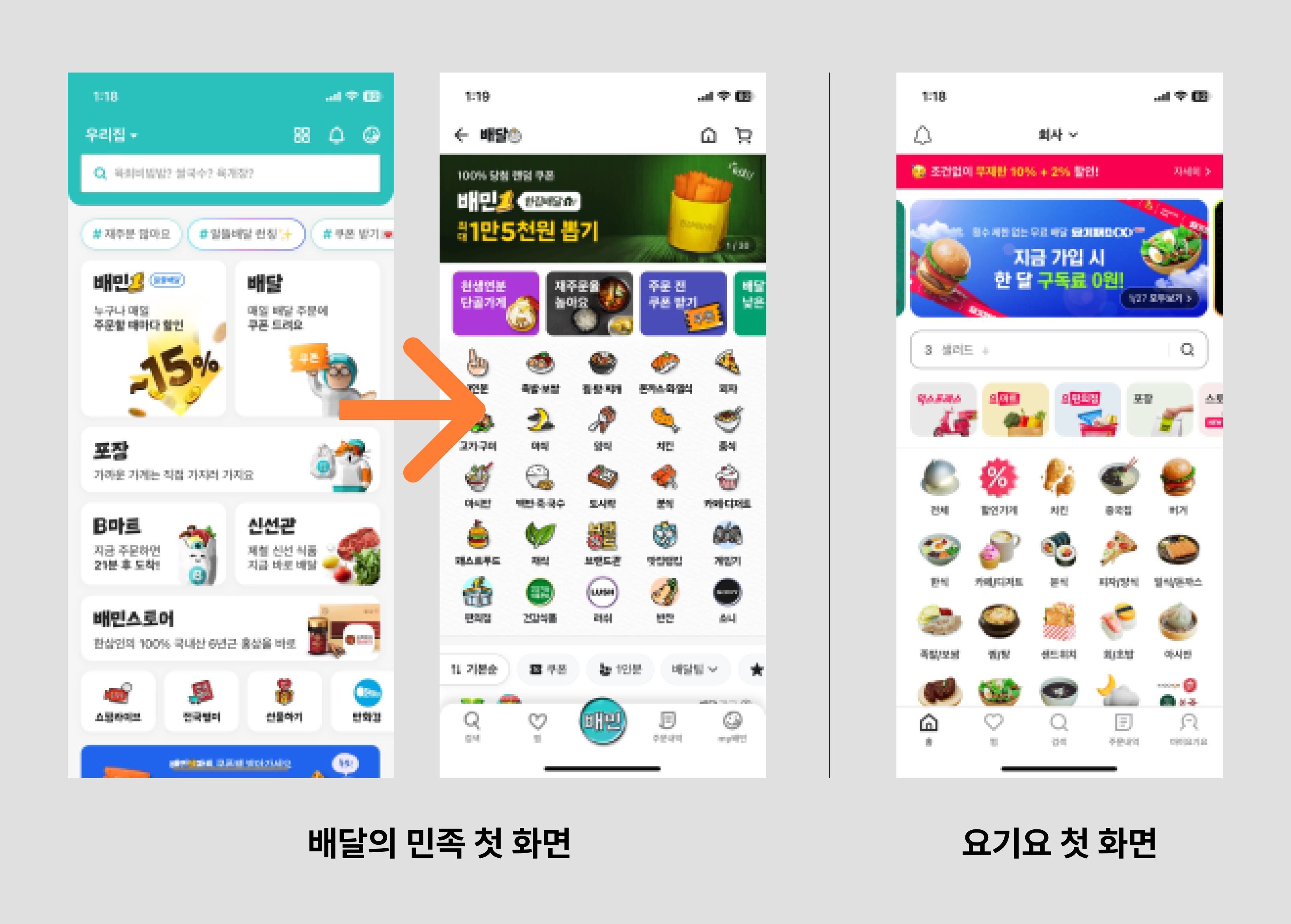 배달의 민족과 요기요 앱 첫 화면 비교 이미지