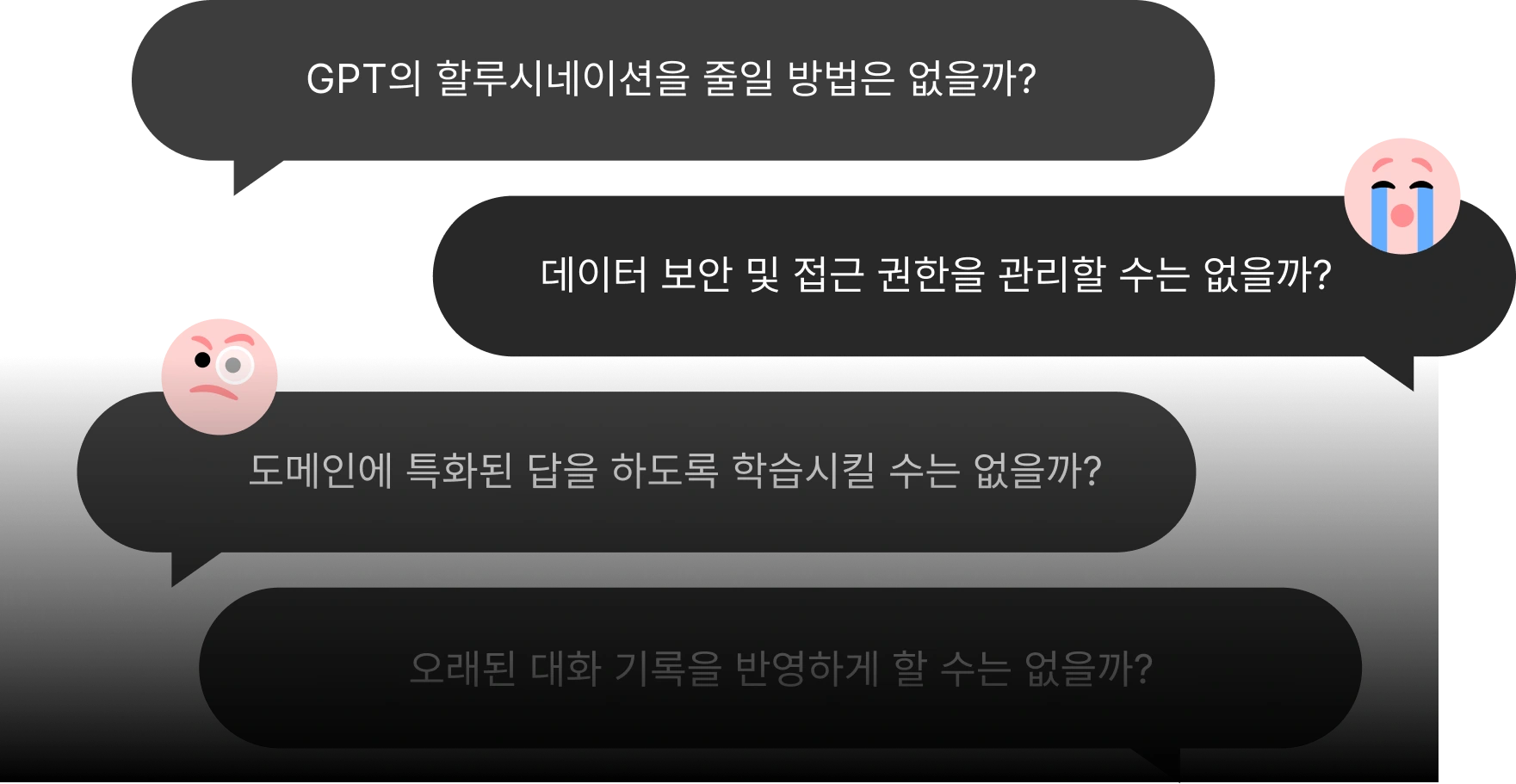 GPT의 할루시네이션을 줄일 방법은 없을까?
데이터 보안 및 접근 권한을 관리할 수는 없을까?
도메인에 특화된 답을 하도록 학습시킬 수는 없을까?
오래된 대화 기록을 반영하게 할 수는 없을까?