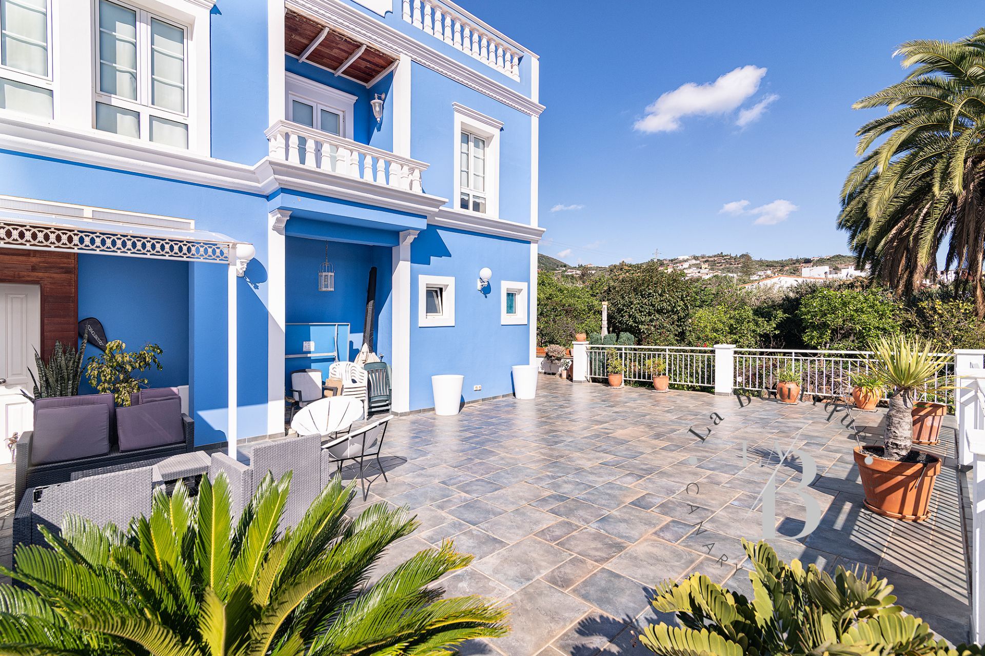 Exterior de ventanas con contraventanas azules rodeado por planta