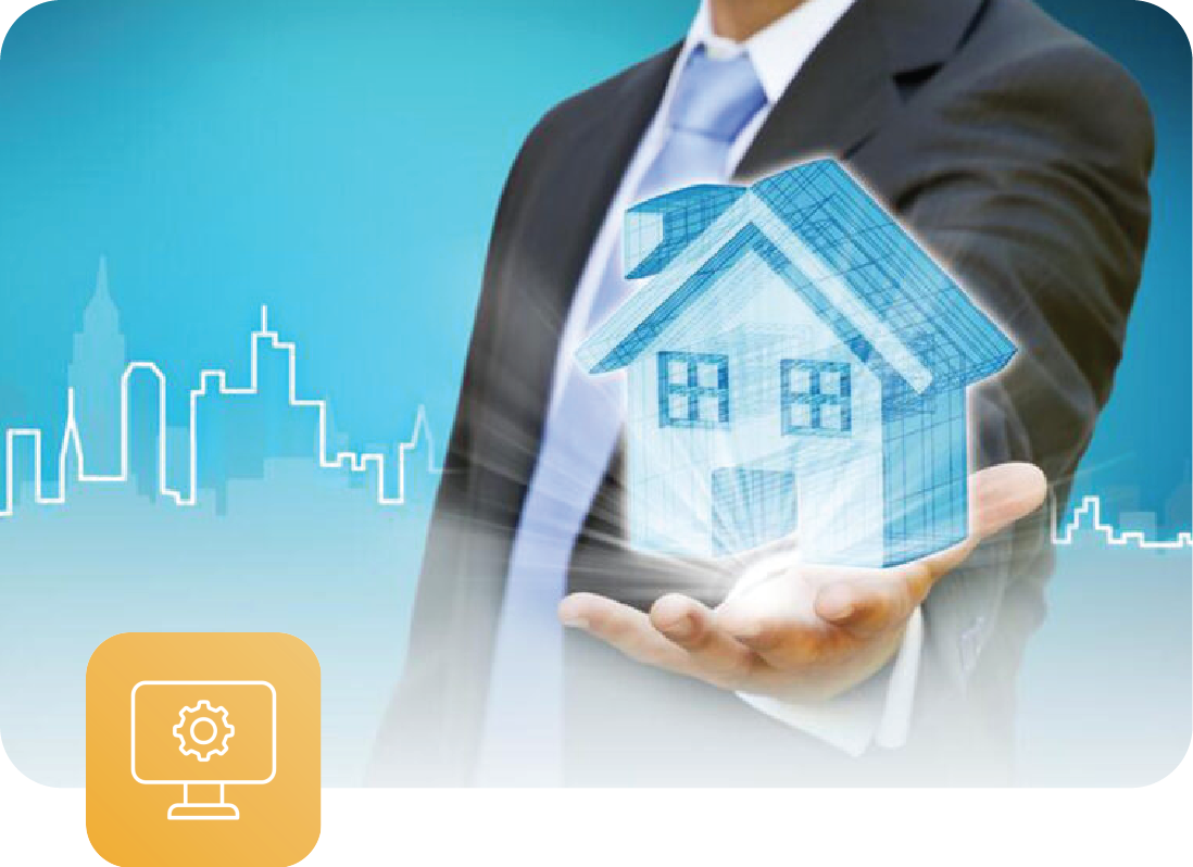 Representación digital de una vivienda en la palma de una mano, simbolizando la tecnología y el marketing avanzado en la gestión inmobiliaria