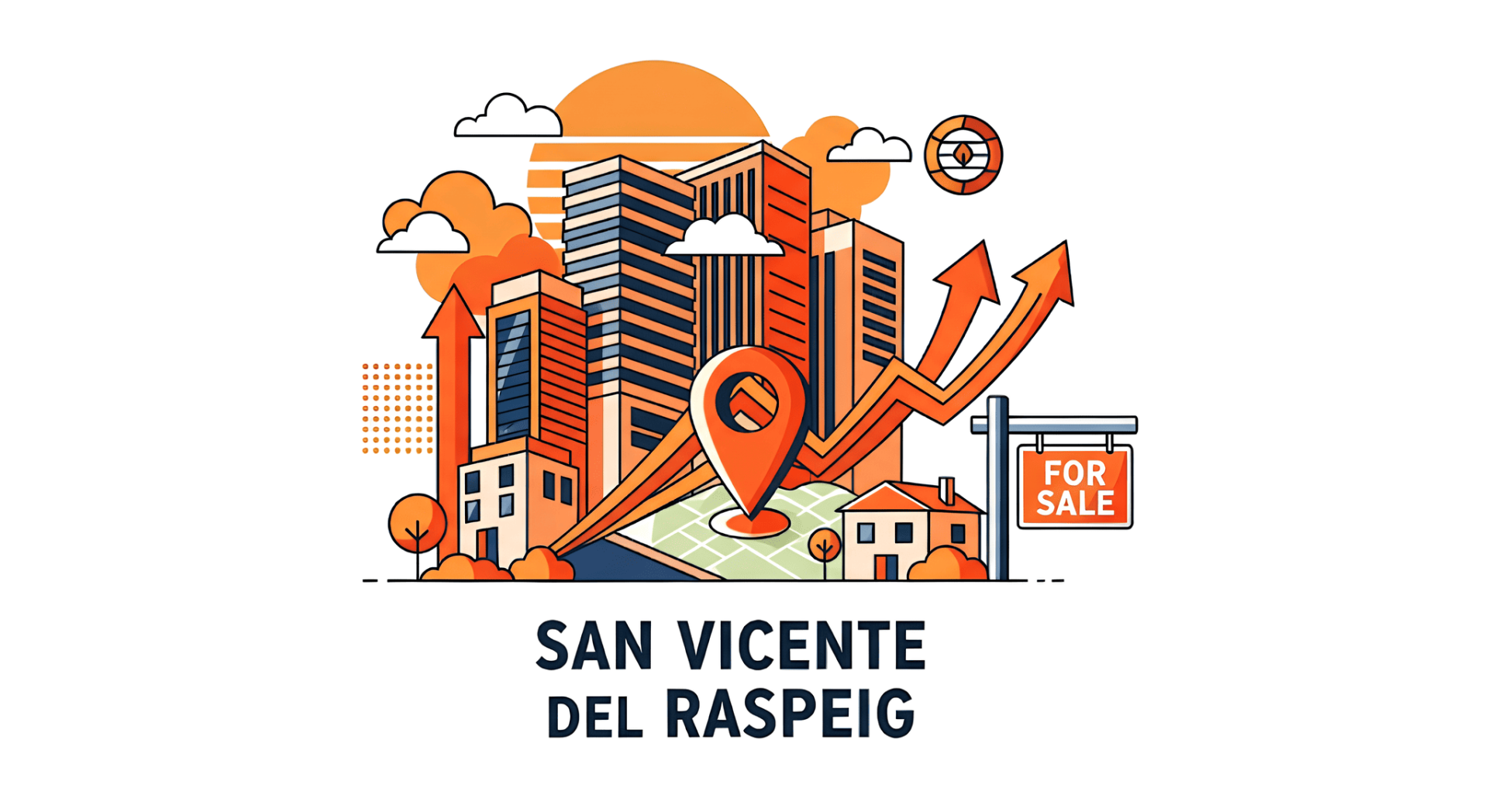 Ilustración sobre las tendencias y oportunidades del mercado inmobiliario en San Vicente del Raspeig, con edificios, señales de crecimiento y símbolo de ubicación