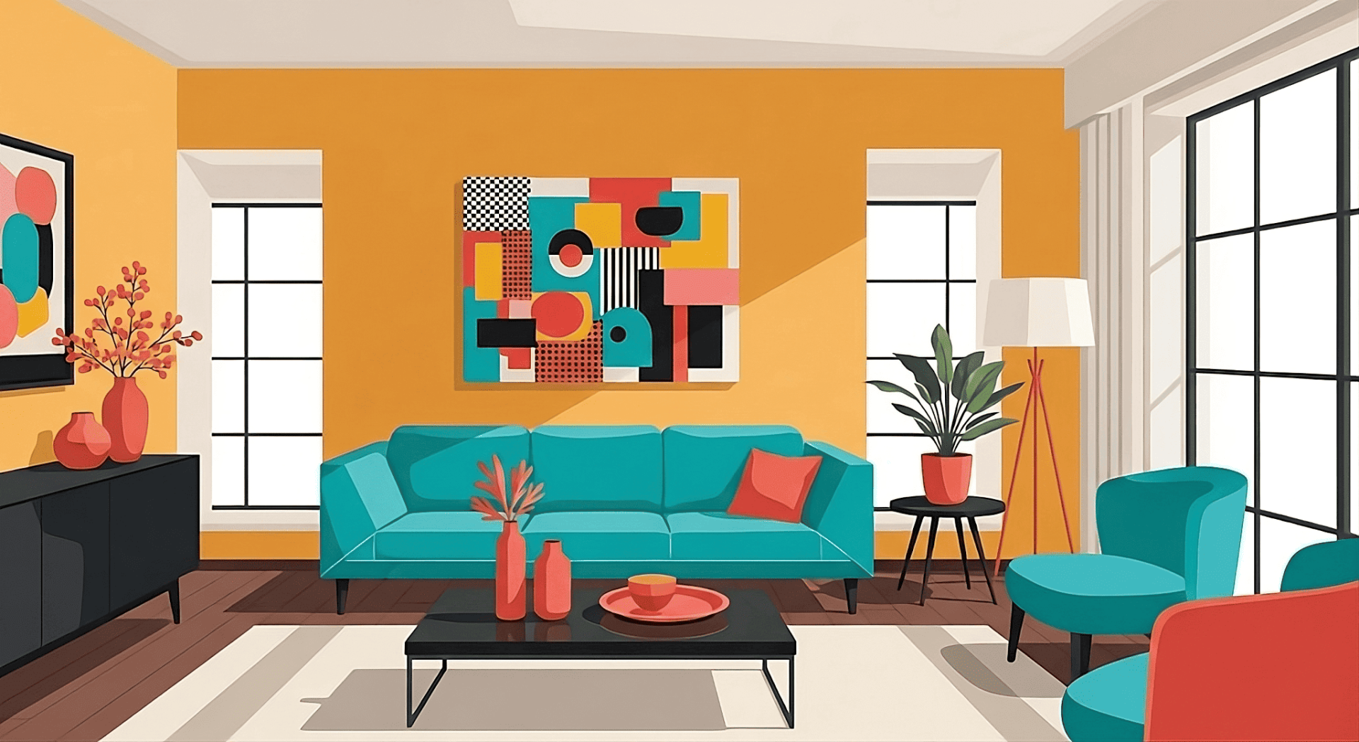 Ilustración representando salón decorado con home staging para mejorar presentación de la casa