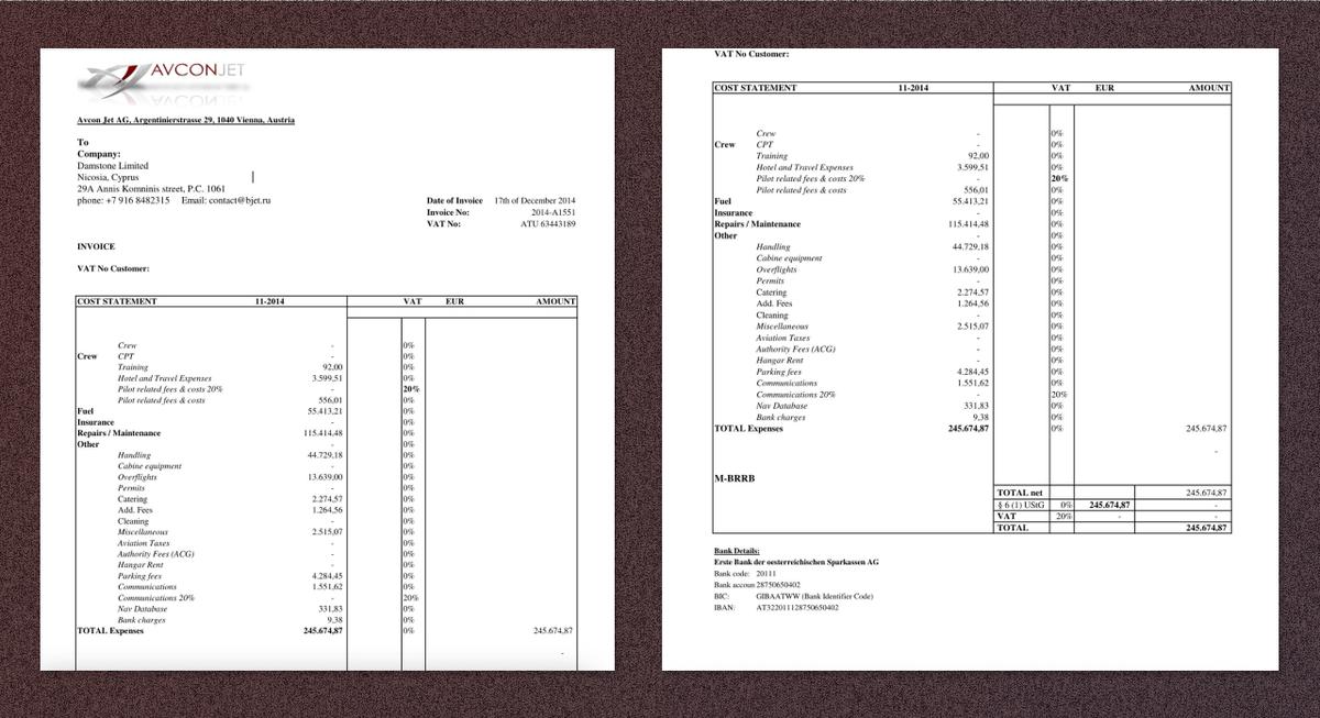 Счет от Avcon Jet, который передали управляющему Ротенбергов