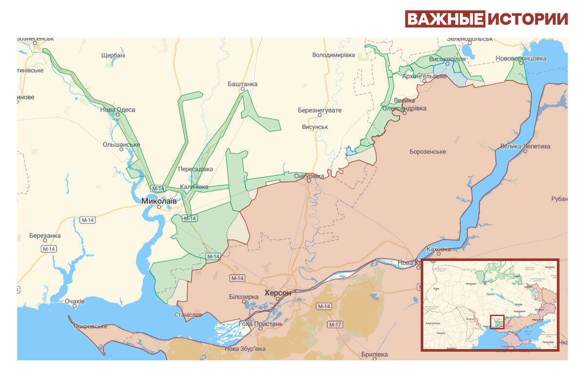 Синим цветом обозначены территории, освобожденные за последние две недели, зеленым — освобожденные ранее территории, красным — оккупированные территории