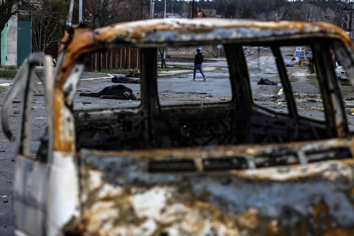 A street in Bucha after the withdrawal of Russian troops.