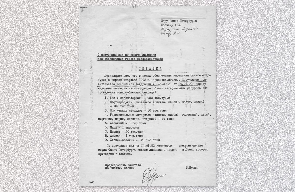 Письмо Владимира Путина о квотах и лицензиях, 1992 год