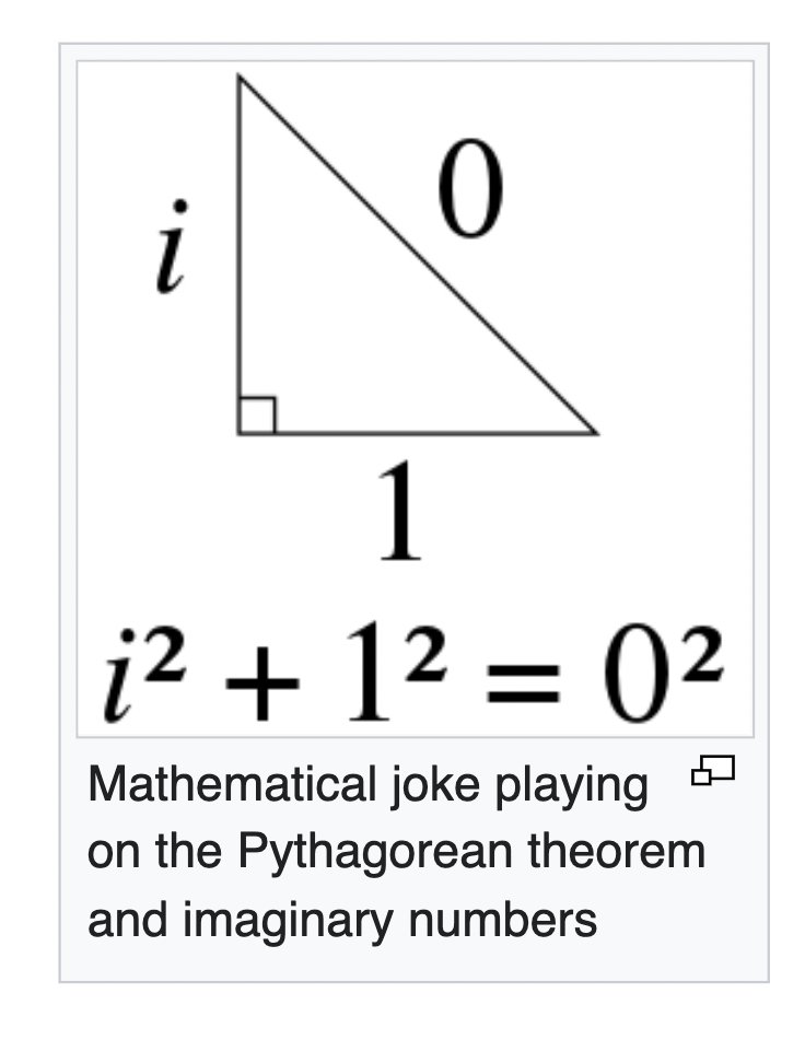 Mathematical joke playing on the Pythagorean Theorem and imaginary numbers