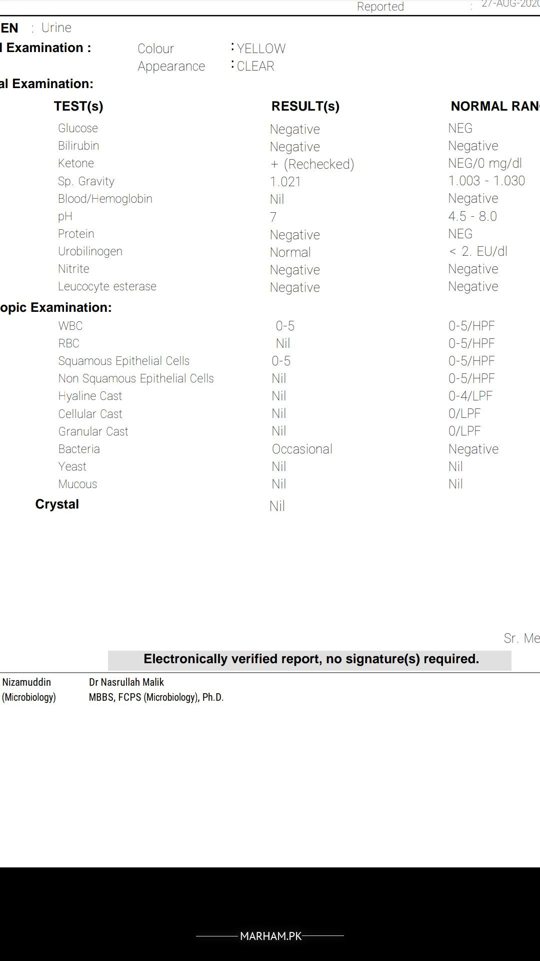 urine test report