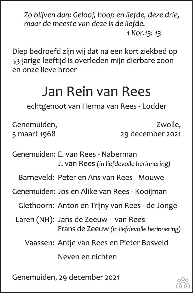 Jan Rein van Rees 29 december 2021 • overlijdensbericht en condoleances ...