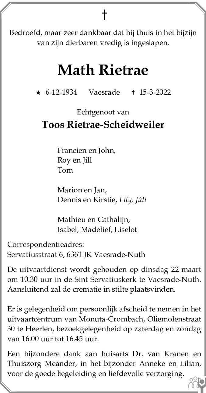 Math Rietrae 15 maart 2022 • overlijdensbericht en condoleances ...