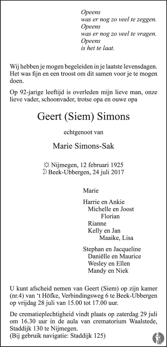Geert (Siem) Simons 24 juli 2017 • overlijdensbericht en condoleances ...