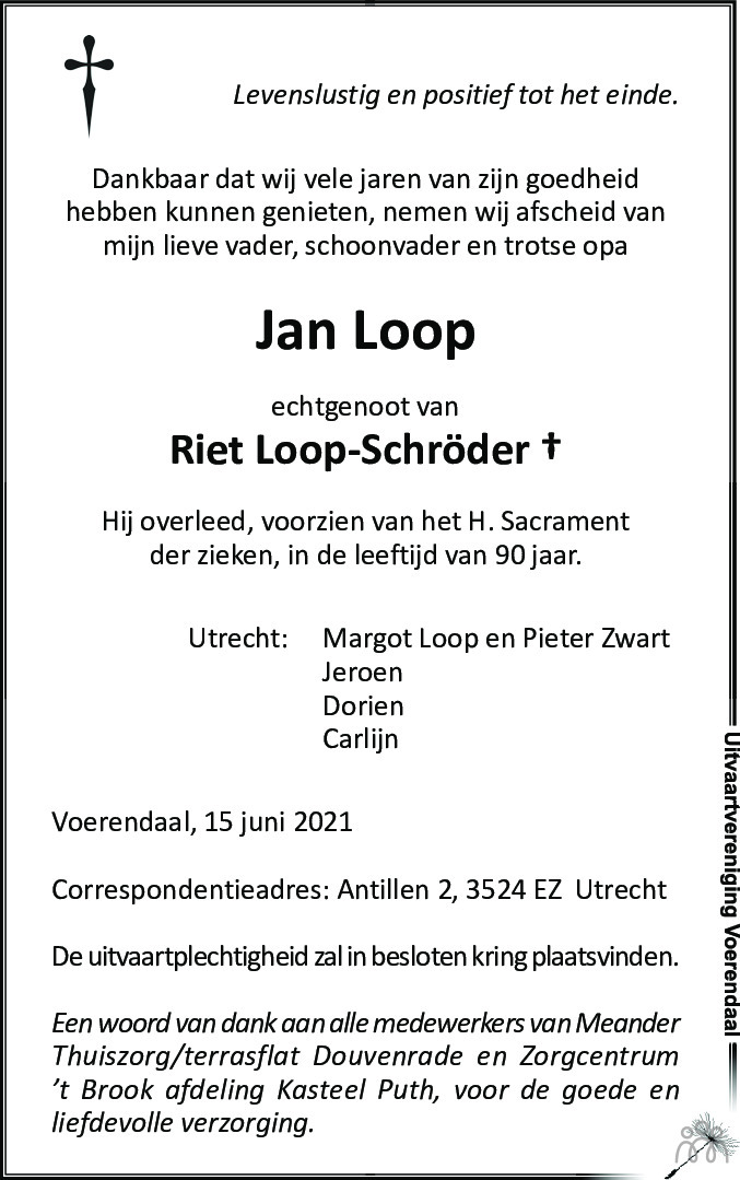 Jan Loop 15 juni 2021 • overlijdensbericht en condoleances - Mensenlinq