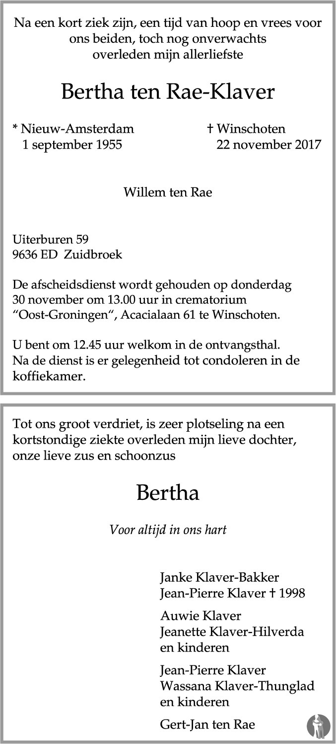 Bertha ten Rae - Klaver 22 november 2017 • overlijdensbericht en ...