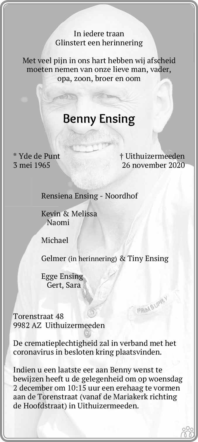 Benny Ensing 26 november 2020 • overlijdensbericht en condoleances ...