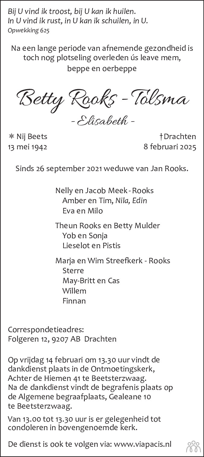 Betty (Elisabeth) Rooks-Tolsma 8 februari 2025 • overlijdensbericht en ...