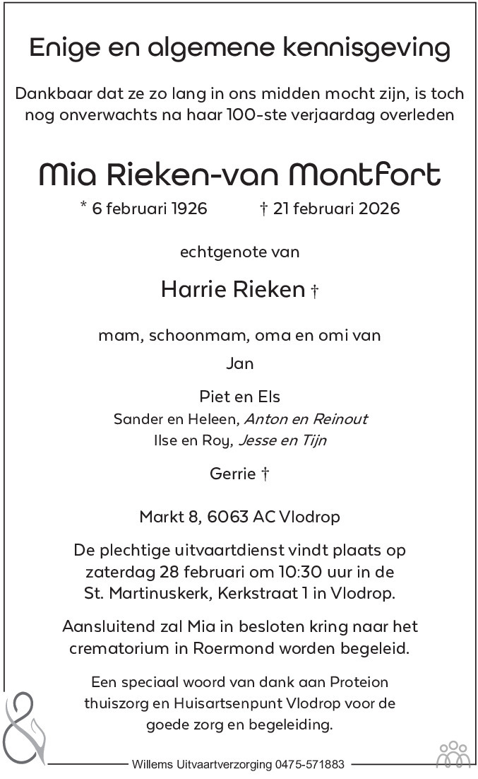 Randy Rieken Mia Rieken-van Montfort 21 februari 2026 • overlijdensbericht en ...