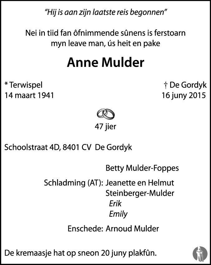 Anne Mulder 16 juni 2015 • overlijdensbericht en condoleances - Mensenlinq