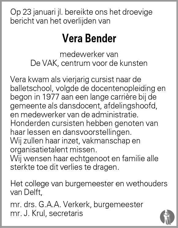 Vera Bender 23 januari 2013 • overlijdensbericht en condoleances ...
