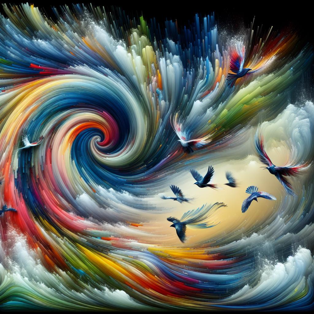 Imagine a gusty hurricane swirling colors of uncertainty, playfully challenging your perception and making your wings dance in the kinetic sky.