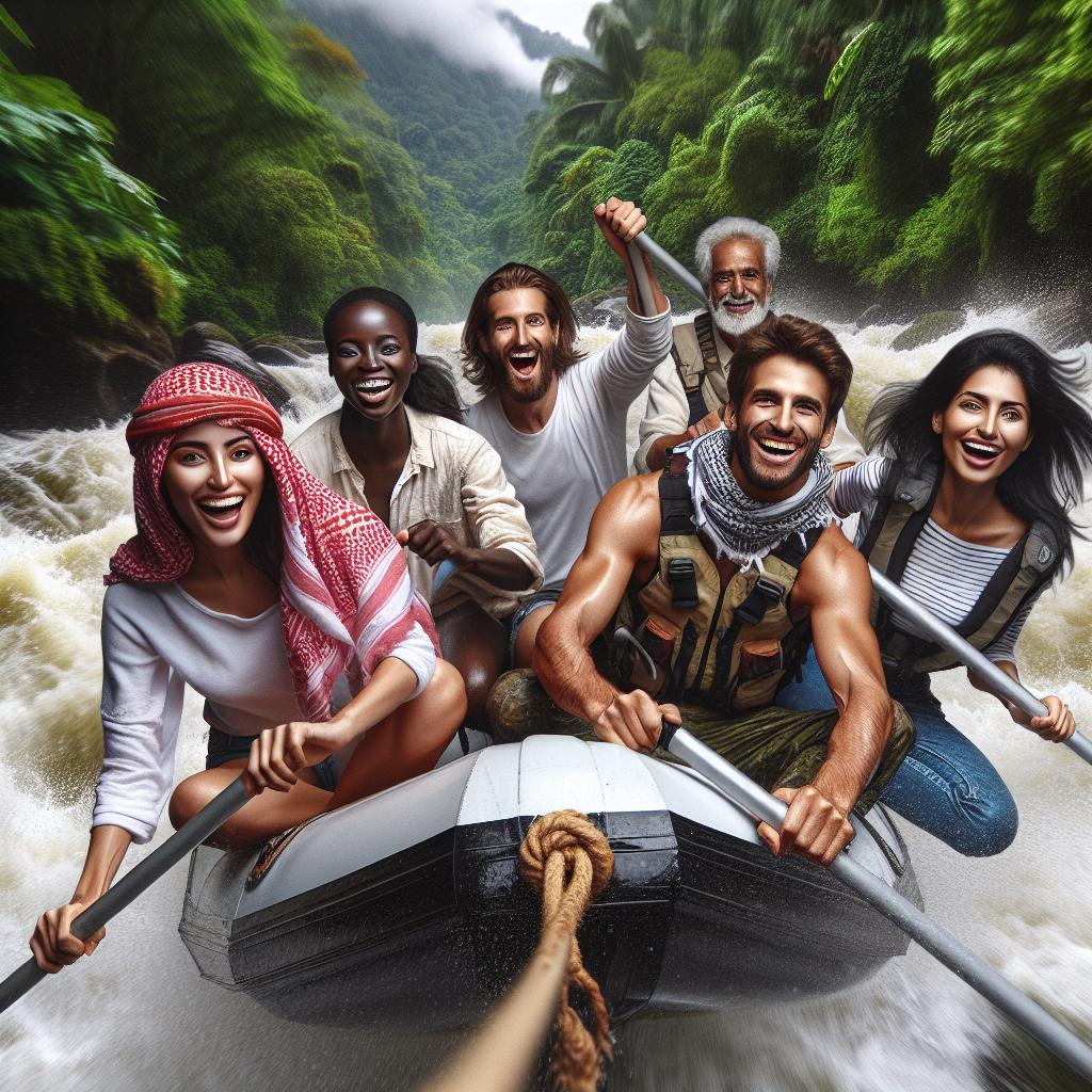 Imagine a group of adventurous souls rowing a brilliant white boat through wild rapids surrounded by luscious greenery; their smiles radiant with pure joy and exhilaration.