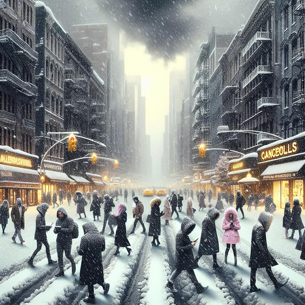 A crowded city street covered in patches of slippery ice, causing people in fashionable winter attire to walk with caution and cancel all appointments as the flakes continue to fall from the ominous sky.