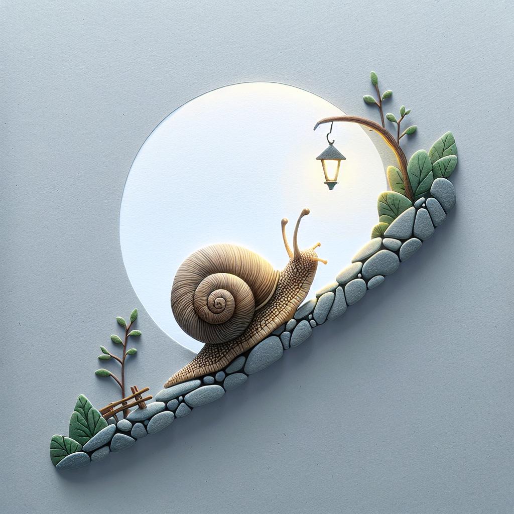 A whimsical scene with a snail traversing a uphill path under the glow of moonlight, moving in mysterious and unpredictable patterns.