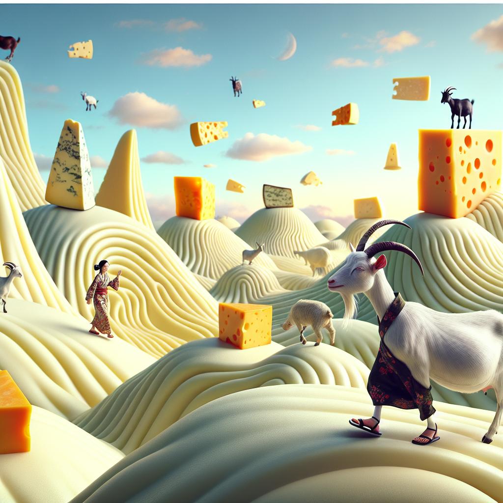 Imagine a whimsical landscape of rolling hills made entirely of cheese, with goats soaring through the sky, as a figurine of wisdom wearing Lotus sandals explores new realms.