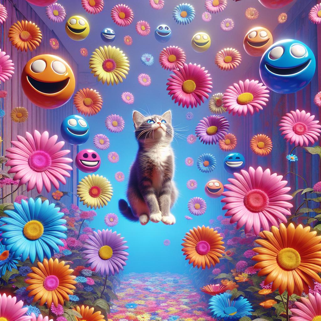 Imagine a quirky cat floating in a playful reverie, surrounded by vibrant daisies and silly smiles.