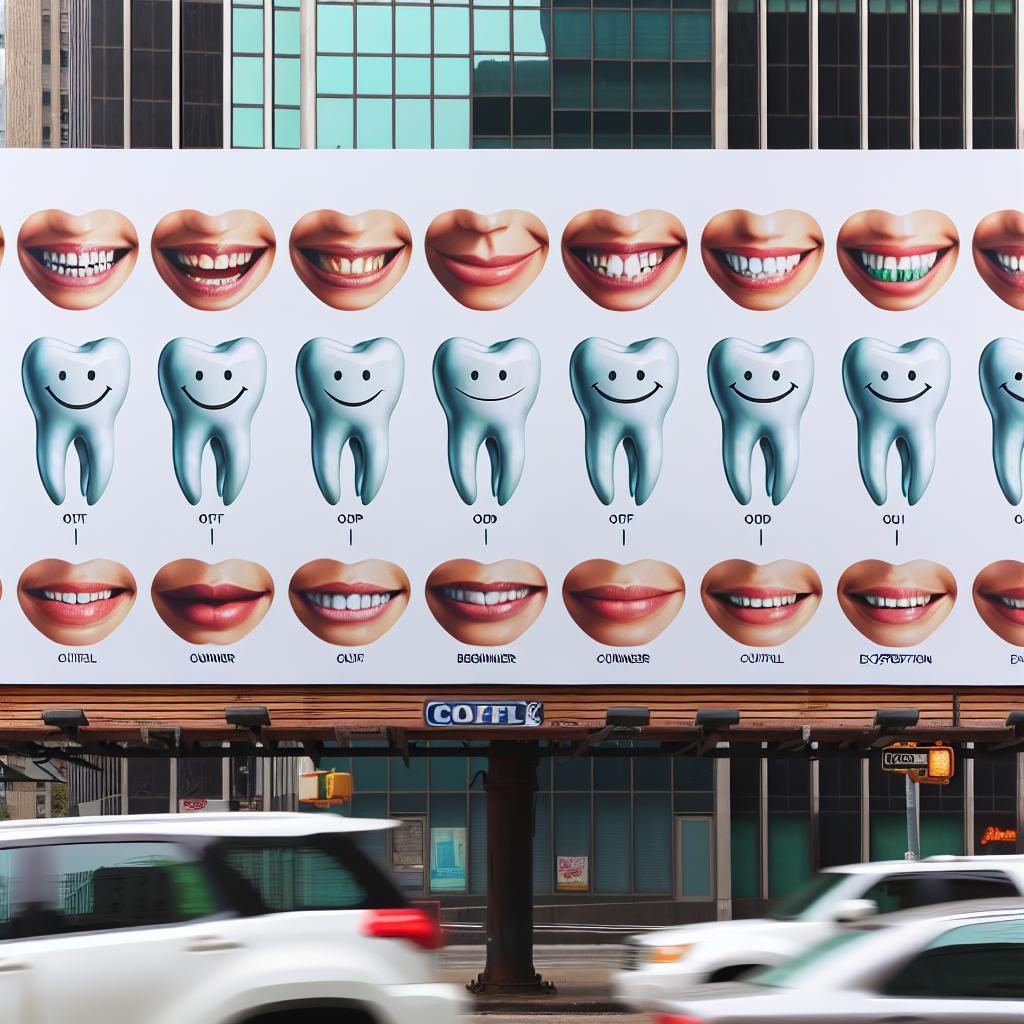 The saying is displayed on a tooth-themed billboard, where smiles get ranked as culinary prowess.