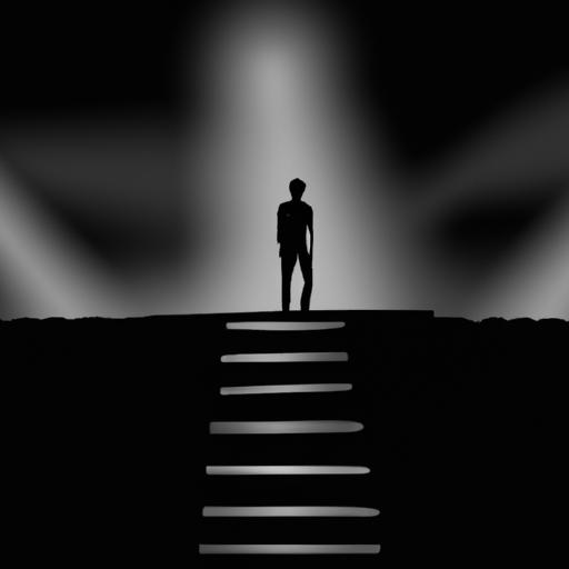 The image would depict a magnificent spotlight illuminating the stage, with a silhouette of a famous person at the center, and a trail of broken stairs behind them, symbolizing the challenges faced during their journey.