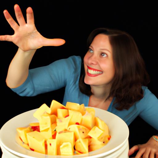 An image of a cheese lover eagerly reaching for a plate piled high with cheese, with a mischievous smirk on their face.