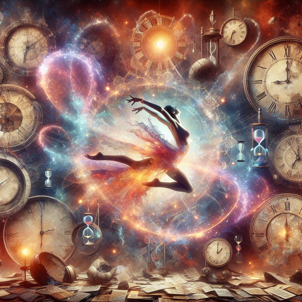 The saying is embodied by a figure gracefully moving among dilapidated clocks and hourglasses, where each dance step is accompanied by flares of vibrant light, illustrating the alchemical transformation of the body and spirit through physical movement.