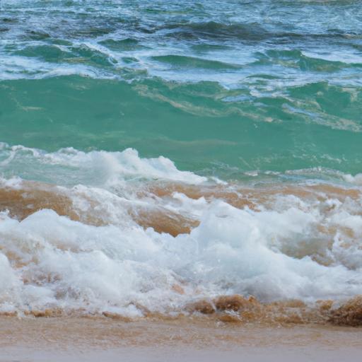 A serene beach scene with golden sands, azure water, and a playful wave gracefully crashing against the shoreline, creating a sense of absolute bliss and boundless happiness.