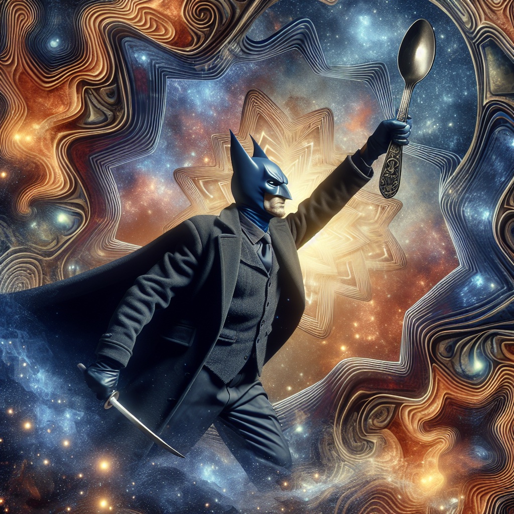 An image of Batman traversing a chaotic, kaleidoscopic gateway, emerging triumphant through entangled barriers, holding in his hand a gleaming utensil adorned with heavenly constellations.