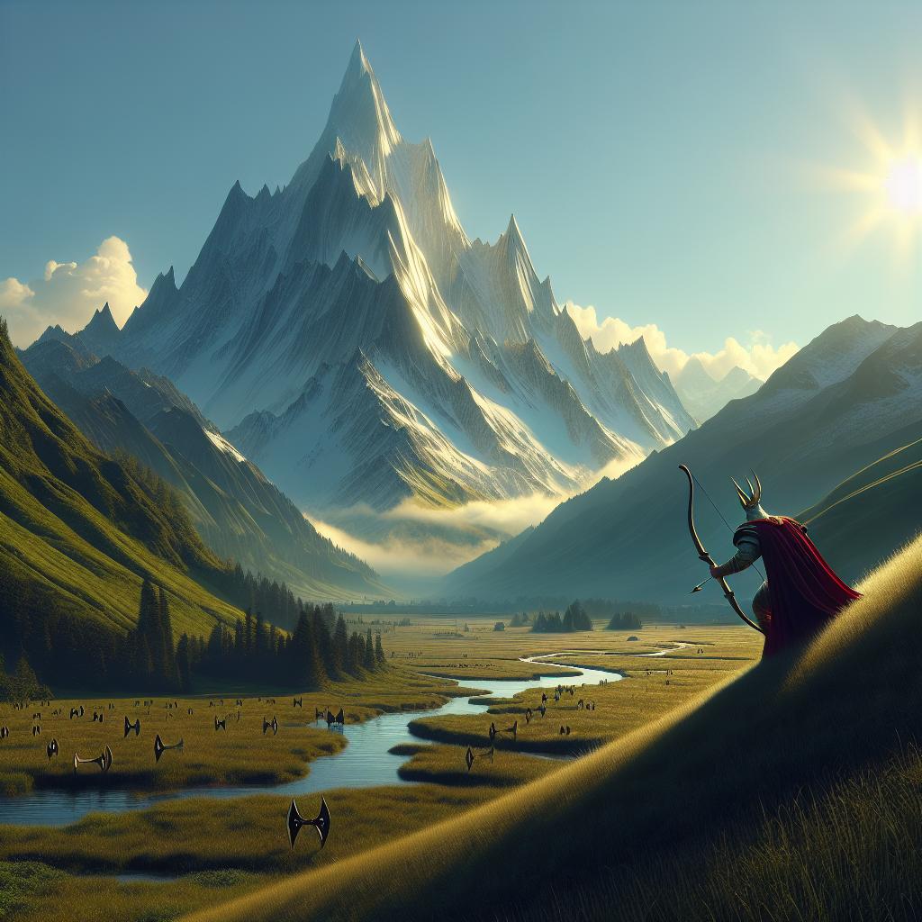 A majestic mountain stands tall, overlooking a sunny meadow, while a figure with a crown tries to reach its peaks using their own arrogant confidence, ignoring the humble path of humble bows spread onto the rolling plains below.