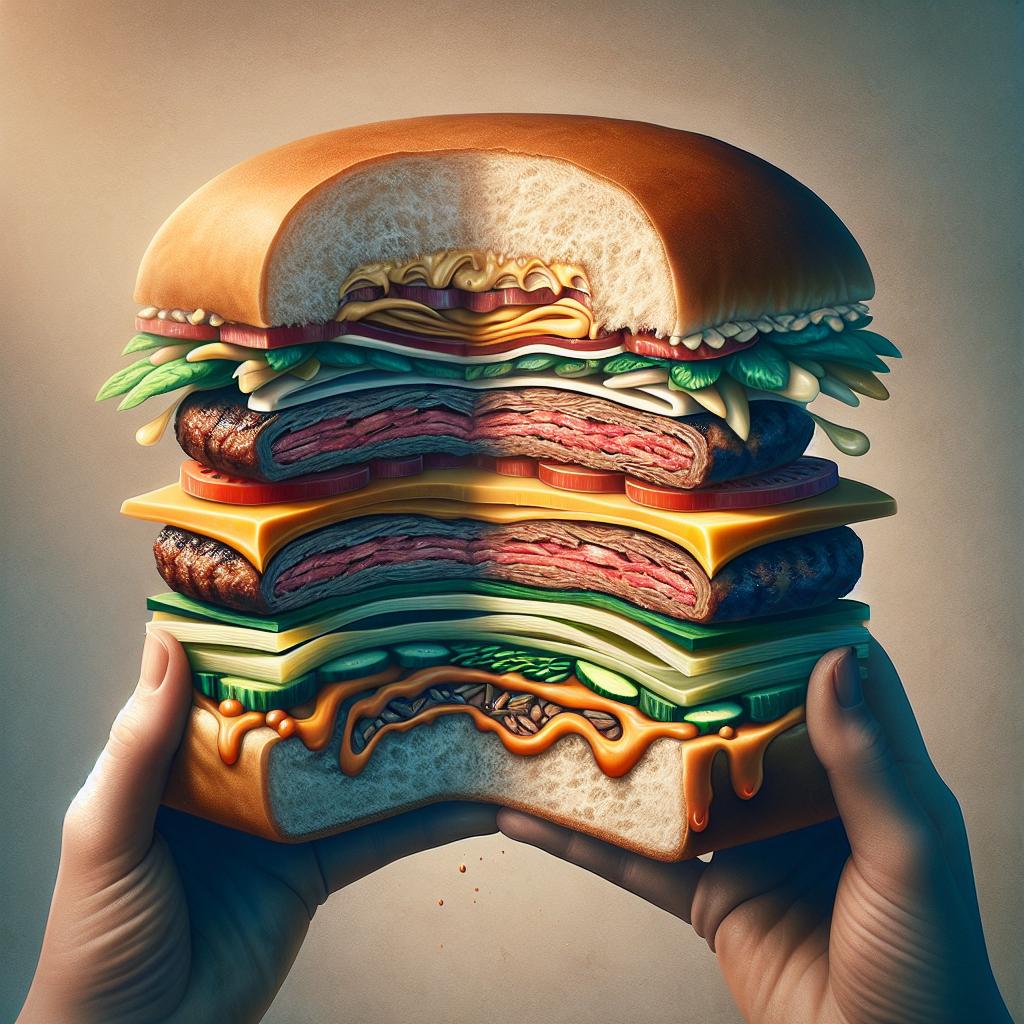 Imagine biting into the perfectly grilled hamburger buns with layers of juicy beef, fresh vegetables, and flavorsome sauces, symbolizing the interconnectedness of various aspects in life that create harmony and satisfaction.