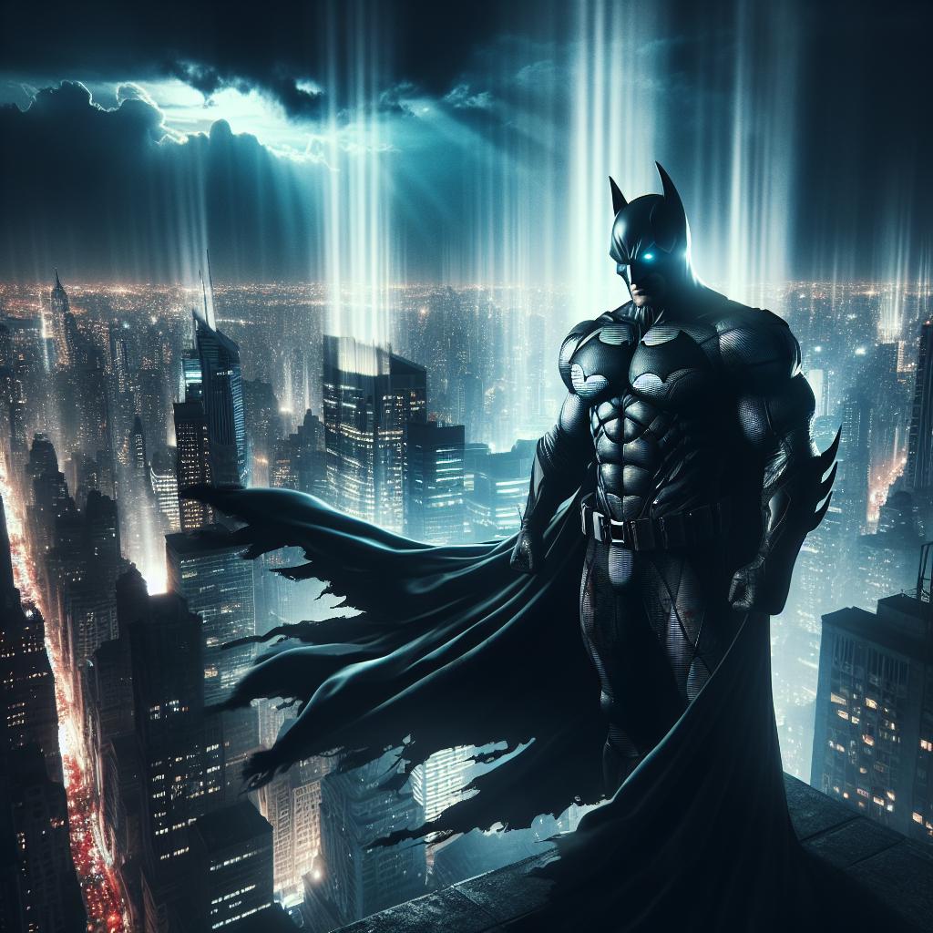 Against a backdrop of countless city lights, Batman stands tall atop a skyscraper, his cape fluttering in the night breeze, symbolizing the undying call to battle darkness. As rays of light break through the clouds, they uncover the scars and shadows that have shaped him, reminding us that our own complex journeys enable us to become self-made heroes.