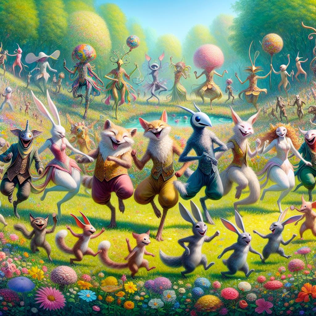 Imagine a group of whimsical creatures dancing in a meadow, singing nonsensical songs filled with joy and laughter.