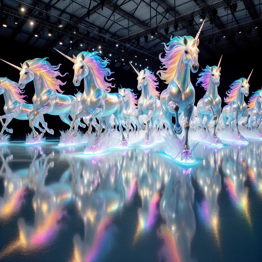 Imagine dazzling unicorns gliding gracefully on an ice rink, leaving behind a trail of vibrant, never-ending rainbows.