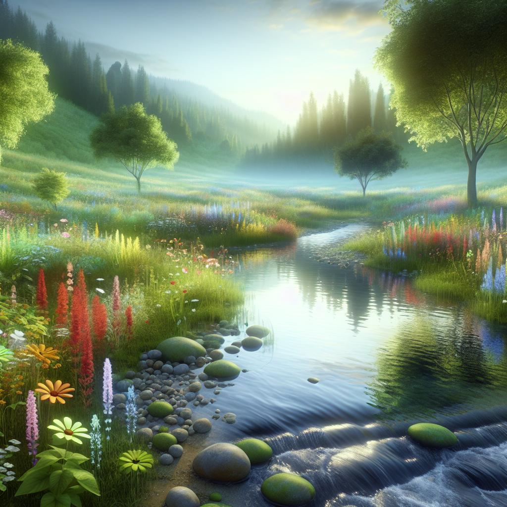 Imagine a peaceful scene with a serene meadow and soft sounds of flowing water reflecting a tranquil ambiance.