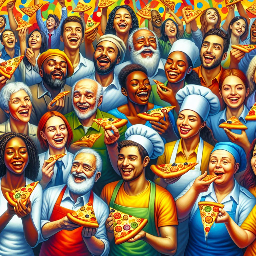 A vivid scene of a happy group of people, laughing and happily holding slices of pizza while surrounded by the delightful aroma of freshly baked dough and melted cheese.